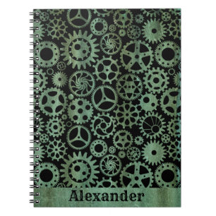Steampunk Verdigris Bronze Gears Custom Name Notebook