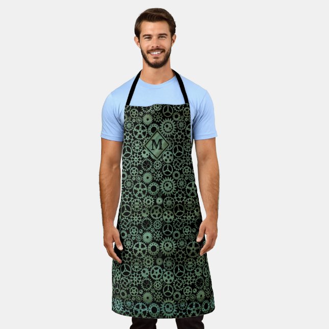 Steampunk Verdigris Bronze Gears Monogram Apron (Worn)