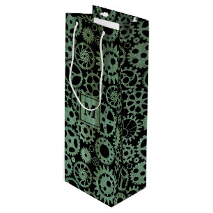 Steampunk Verdigris Bronze Gears Monogram Block Wine Gift Bag