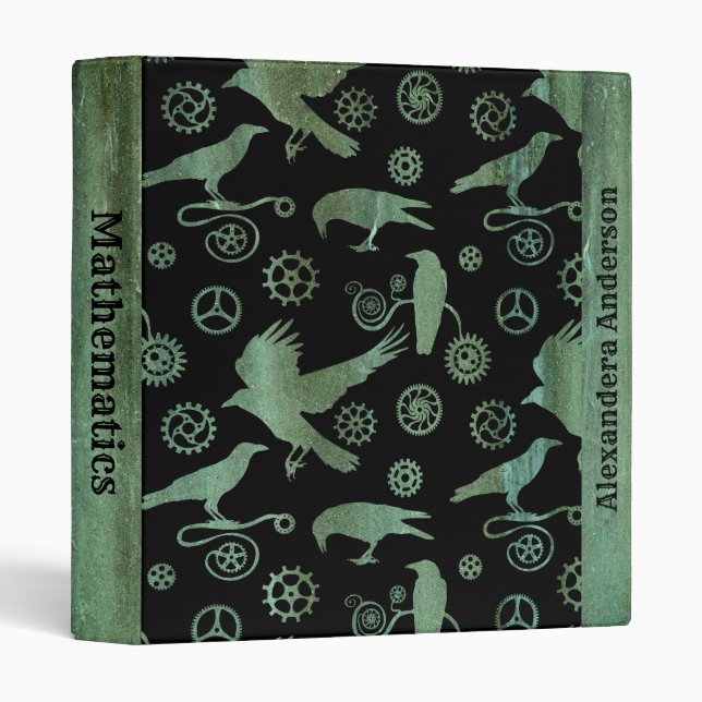 Steampunk Verdigris Gears and Crows Custom Name Binder (Front/Spine)