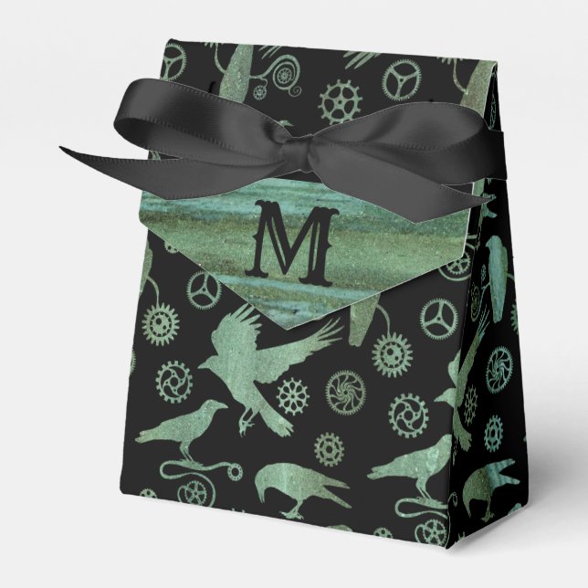 Steampunk Verdigris Gears and Crows Monogram Favor Box (Front Side)