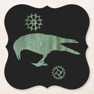 Steampunk Verdigris Pecking Crow and Gears Paper Coaster