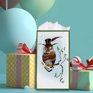 Steampunk Victorian Dapper Owl Top Hat Vintage  Small Gift Bag