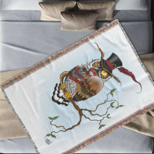 Steampunk Victorian Dapper Owl Top Hat Vintage  Throw Blanket