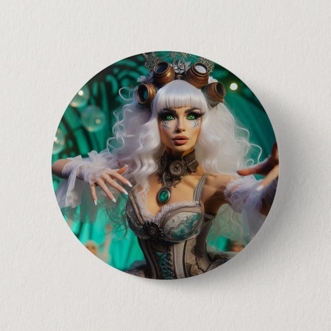 Steampunk Victorian Futuristic Green Dancer 2 Inch Round Button (Front)
