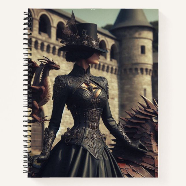 Steampunk Victorian Industrial Lady Dragon Rider Notebook (Front)