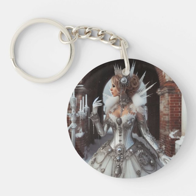 Steampunk Victorian Industrial Winter Ice Queen Keychain (Front)