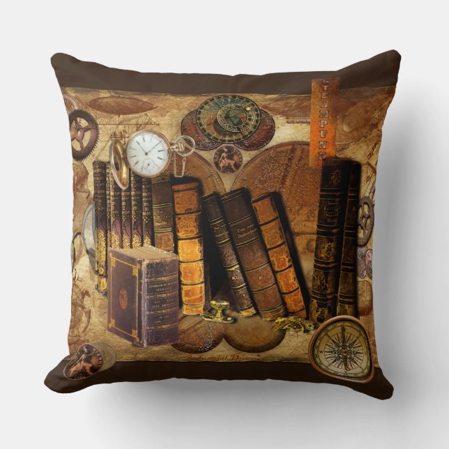 Steampunk Victorian Old Map Collage Throw Pillow (Front)