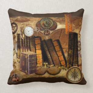 Steampunk Victorian Old Map Collage Throw Pillow