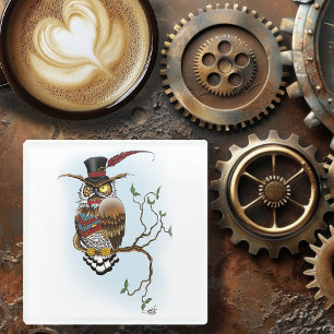 Steampunk Victorian Owl Glass Coaster