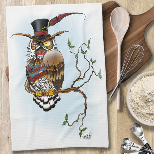 Steampunk VIctorian Owl Kitchen Towel