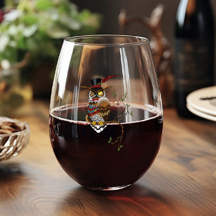 Steampunk Victorian Owl Stemless Wine Glass
