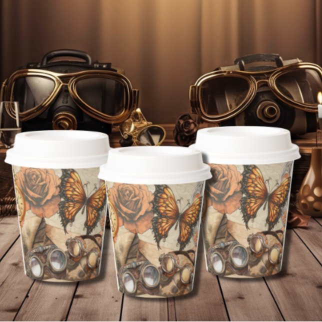 Steampunk Victorian Roses Butterfly and Goggles Paper Cups (Rustic, Victorian steampunk style butterfly and goggles party cups. )
