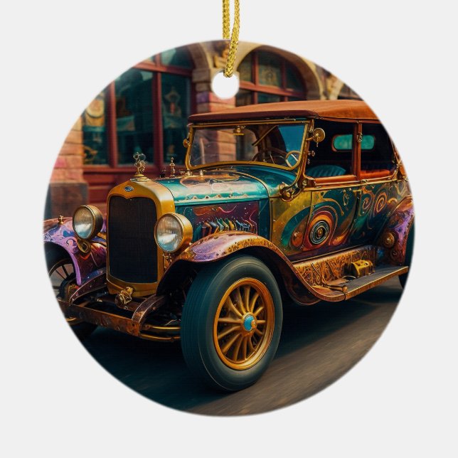 Steampunk Vintage Car in Town Ceramic Ornament (Front)