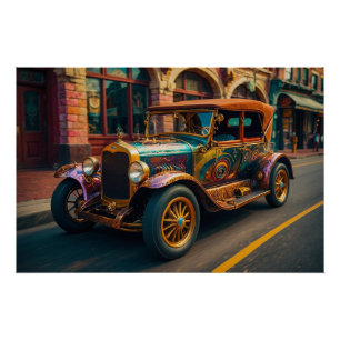 Steampunk Vintage Car in Town Poster