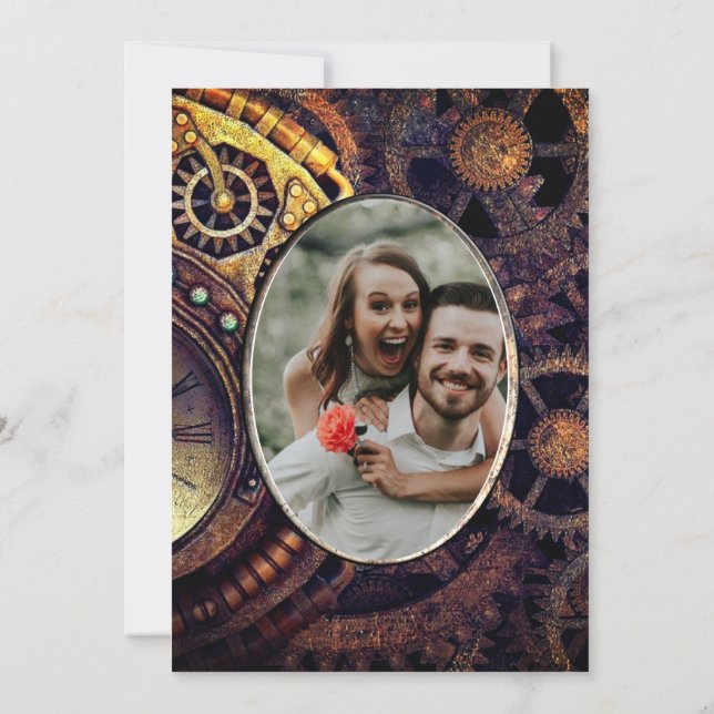 Steampunk Vintage Gears Butterfly Add Photo Invitation (Back)