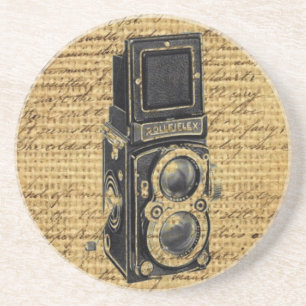 steampunk vintage scripts burlap antique camera coaster