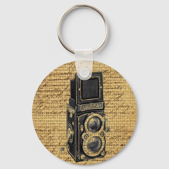 steampunk vintage scripts burlap antique camera keychain (Front)