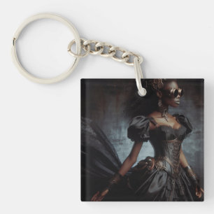 Steampunk Vintage Victorian Lady Black Raven Keychain