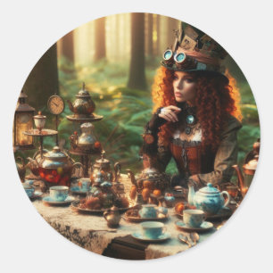 Steampunk Vintage Victorian Lady Mad Hatter Classic Round Sticker