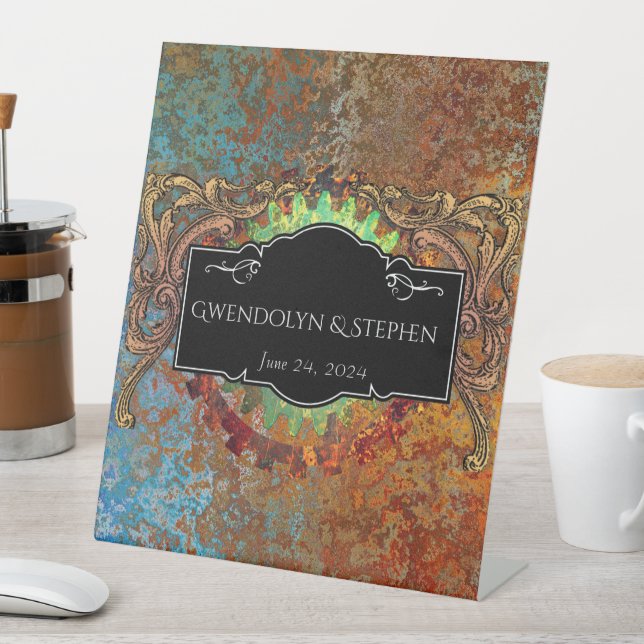Steampunk Vintage Wedding Personalized Pedestal Sign (In SItu)