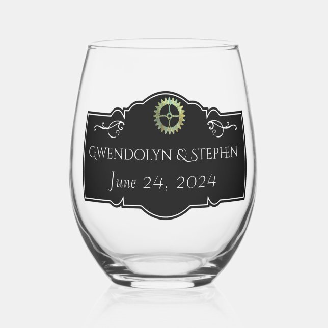 Steampunk Vintage Wedding Personalized  Stemless Wine Glass (Left)