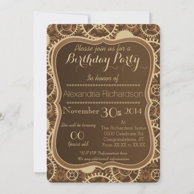 Steampunk watch gear and damask birthday party invitation (Front)