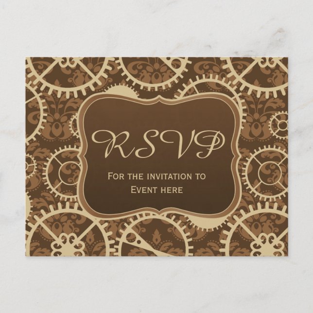 Steampunk watch gear and damask RSVP card (Front)
