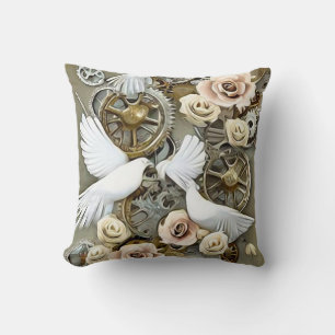 Steampunk Wedding Doves Throw Pillow