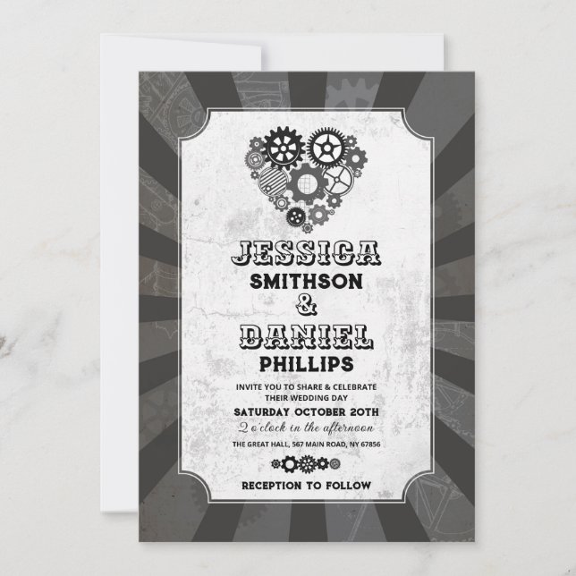 Steampunk Wedding Hearts Cogs Retrofuturistic  Invitation (Front)