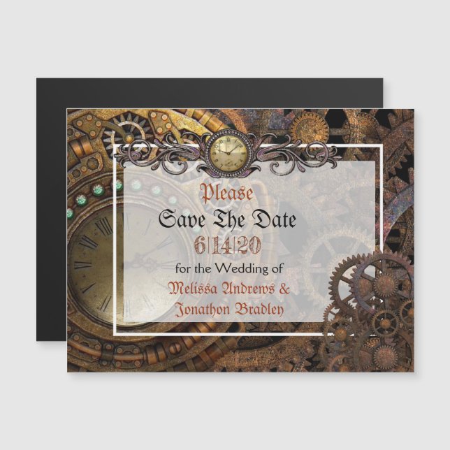 Steampunk Wedding Save the Date Magnetic Card (Front/Back)