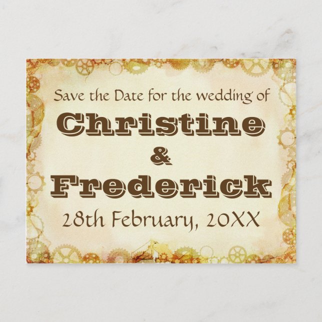 Steampunk Wedding, save the date postcard (Front)