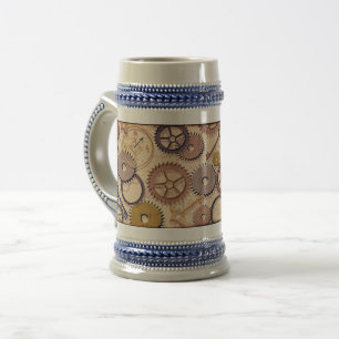 Steampunk Wheels, Gears, Keys, Old Map Oil Paint Beer Stein