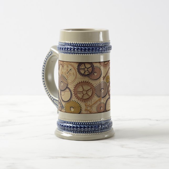 Steampunk Wheels, Gears, Keys, Old Map Oil Paint Beer Stein (Front Left)