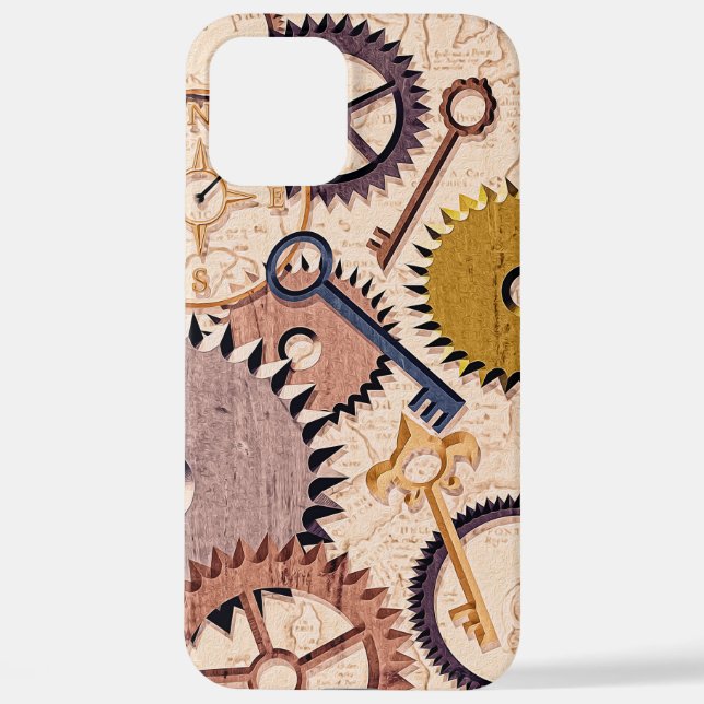 Steampunk Wheels, Gears, Keys, Old Map Oil Paint iPhone Case (Back)