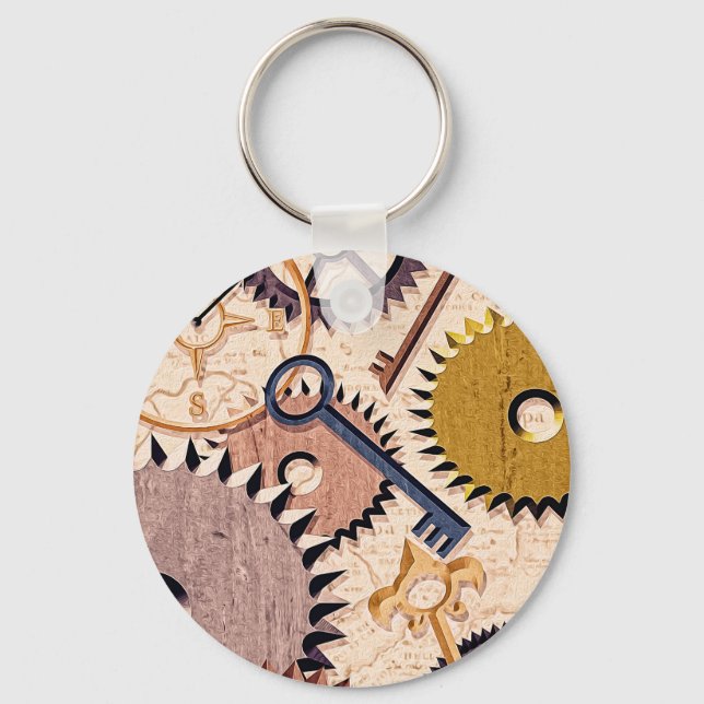 Steampunk Wheels, Gears, Keys, Old Map Oil Paint Keychain (Front)