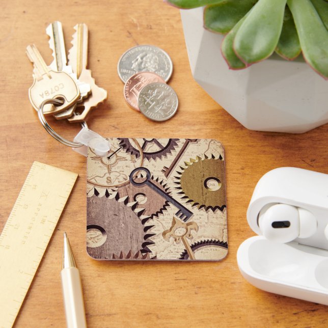 Steampunk Wheels, Gears, Keys, Old Map Oil Paint Keychain (Desk)