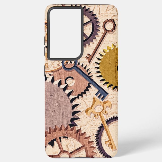 Steampunk Wheels, Gears, Keys, Old Map Oil Paint Samsung Galaxy S21 Ultra Case (Back)