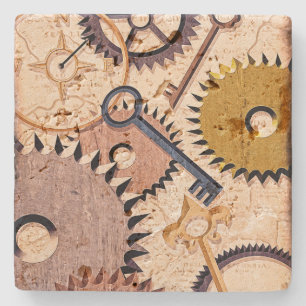 Steampunk Wheels, Gears, Keys, Old Map Oil Paint Stone Coaster