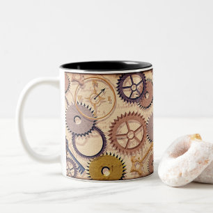 Steampunk Wheels, Gears, Keys, Old Map Oil Paint Two-Tone Coffee Mug