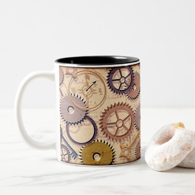 Steampunk Wheels, Gears, Keys, Old Map Oil Paint Two-Tone Coffee Mug (With Donut)