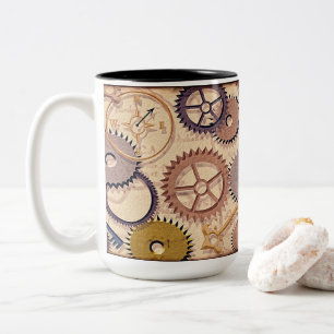 Steampunk Wheels, Gears, Keys, Old Map Oil Paint Two-Tone Coffee Mug