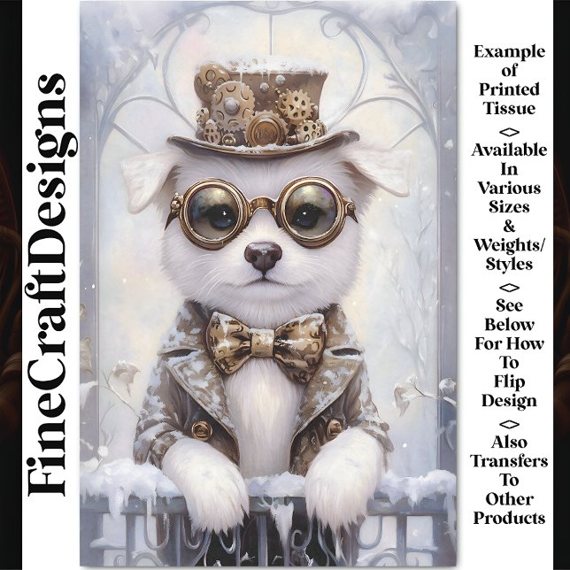 Steampunk White Puppy Dog In Snow AJ2 Decoupage Tissue Paper (Creator Uploaded)