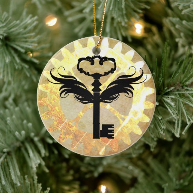 Steampunk Winged Key and Cog Wheel Ceramic Ornament (Tree)