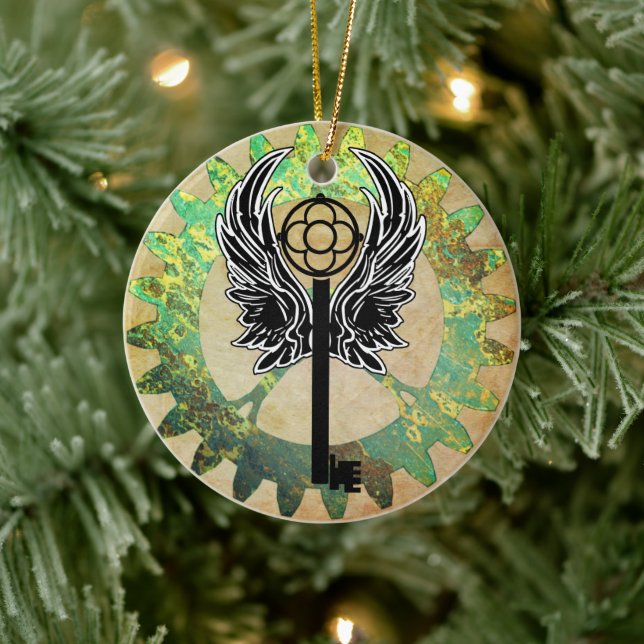 Steampunk Winged Key and Cog Wheel Ceramic Ornament (Tree)