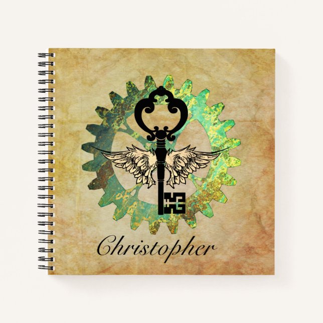 Steampunk Winged Key and Cog Wheel Spiral Notebook (Front)