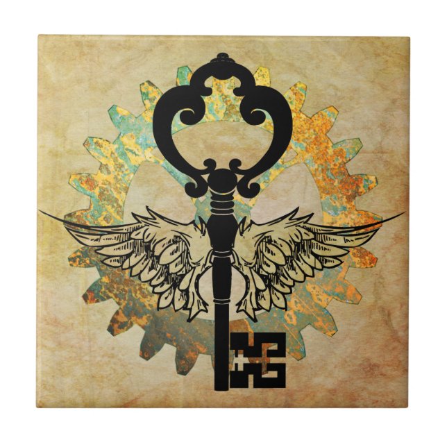 Steampunk Winged Key and Cog Wheel Tile (Front)