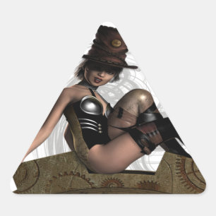 STEAMPUNK WOMAN SITS ON GEAR TRIANGLE STICKER