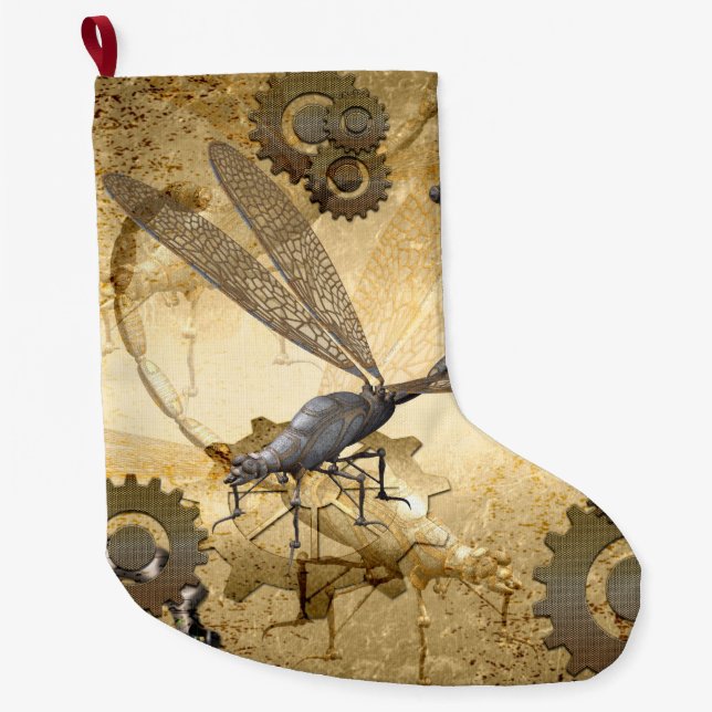 Steampunk, wonderful  steam dragonflies large christmas stocking (Front)