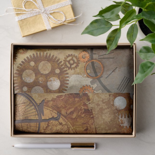 Steampunk World Map Clocks Gears Tissue Paper (Gift)